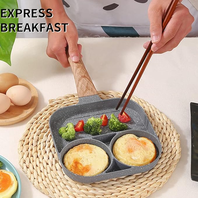 3-in-1 Sectioned Non-Stick Frying Pan with Wooden Handle