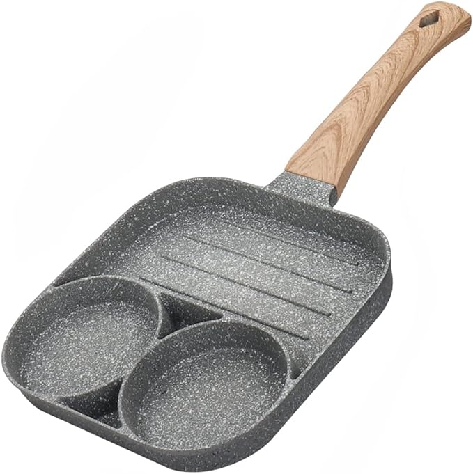 3-in-1 Sectioned Non-Stick Frying Pan with Wooden Handle